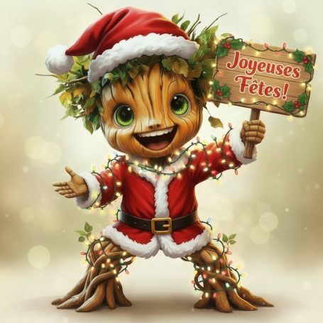 Un personnage festif en costume de Noël avec un panneau "Joyeuses Fêtes!" et des lumières.